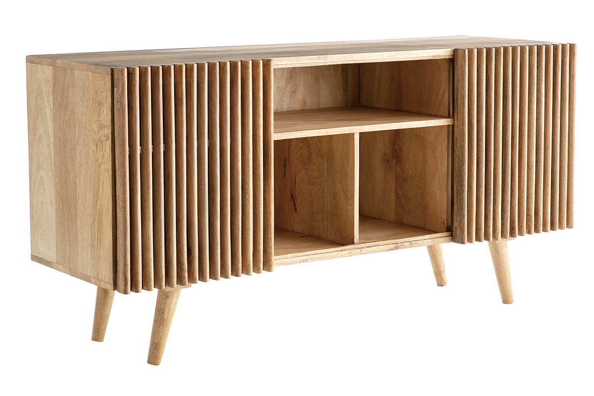 Buffet en bois manguier massif ALBA avec 2 portes coulissantes, vue de face, meuble � 7 niches de rangement.