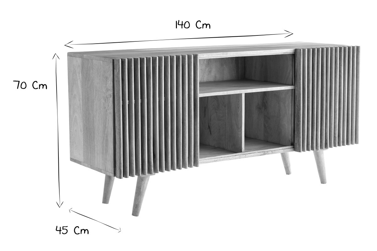 Dimensions du buffet ALBA : L140 cm, H70 cm, P45 cm, en noir et blanc.