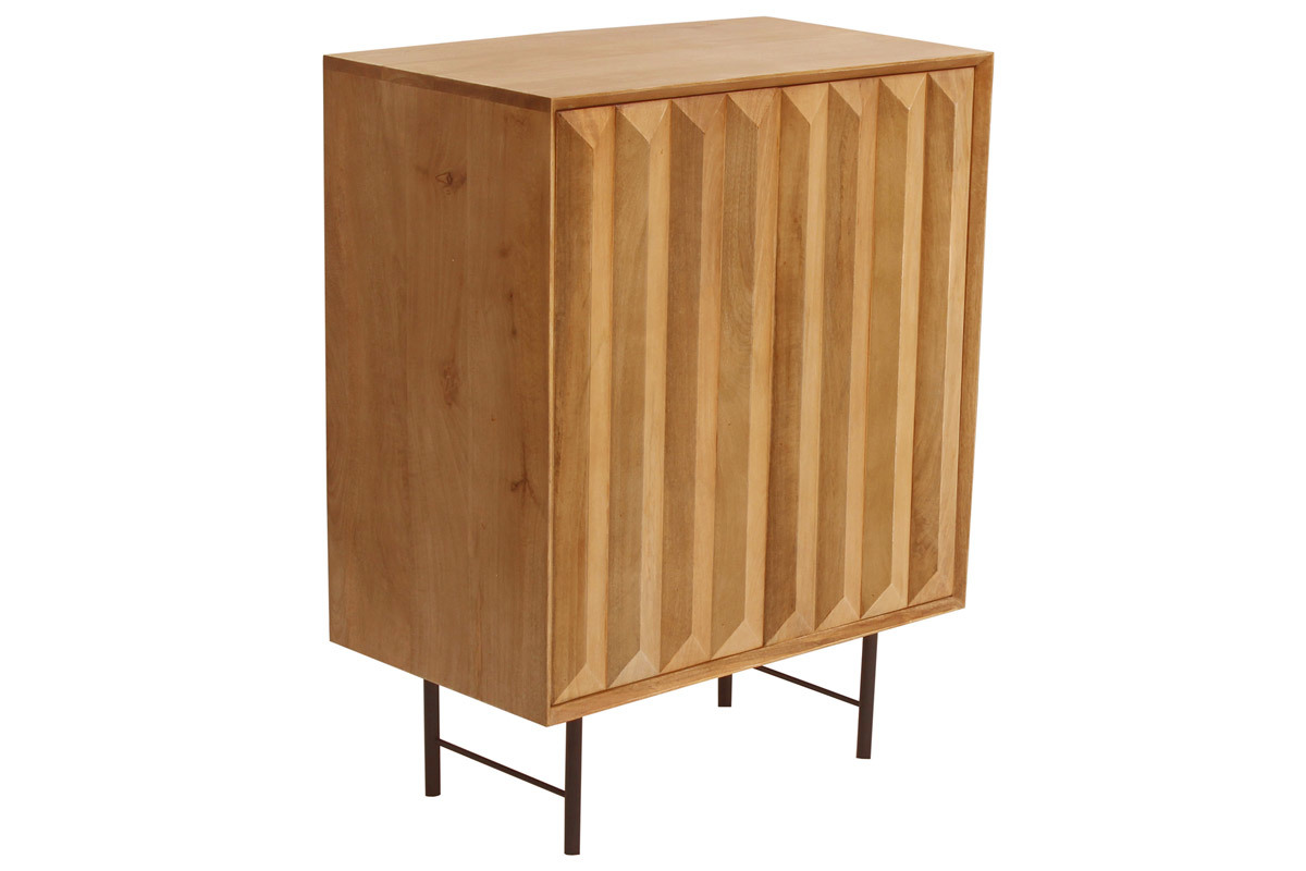 Buffet en bois manguier massif grav� et m�tal noir 2 portes L70 cm AGRA