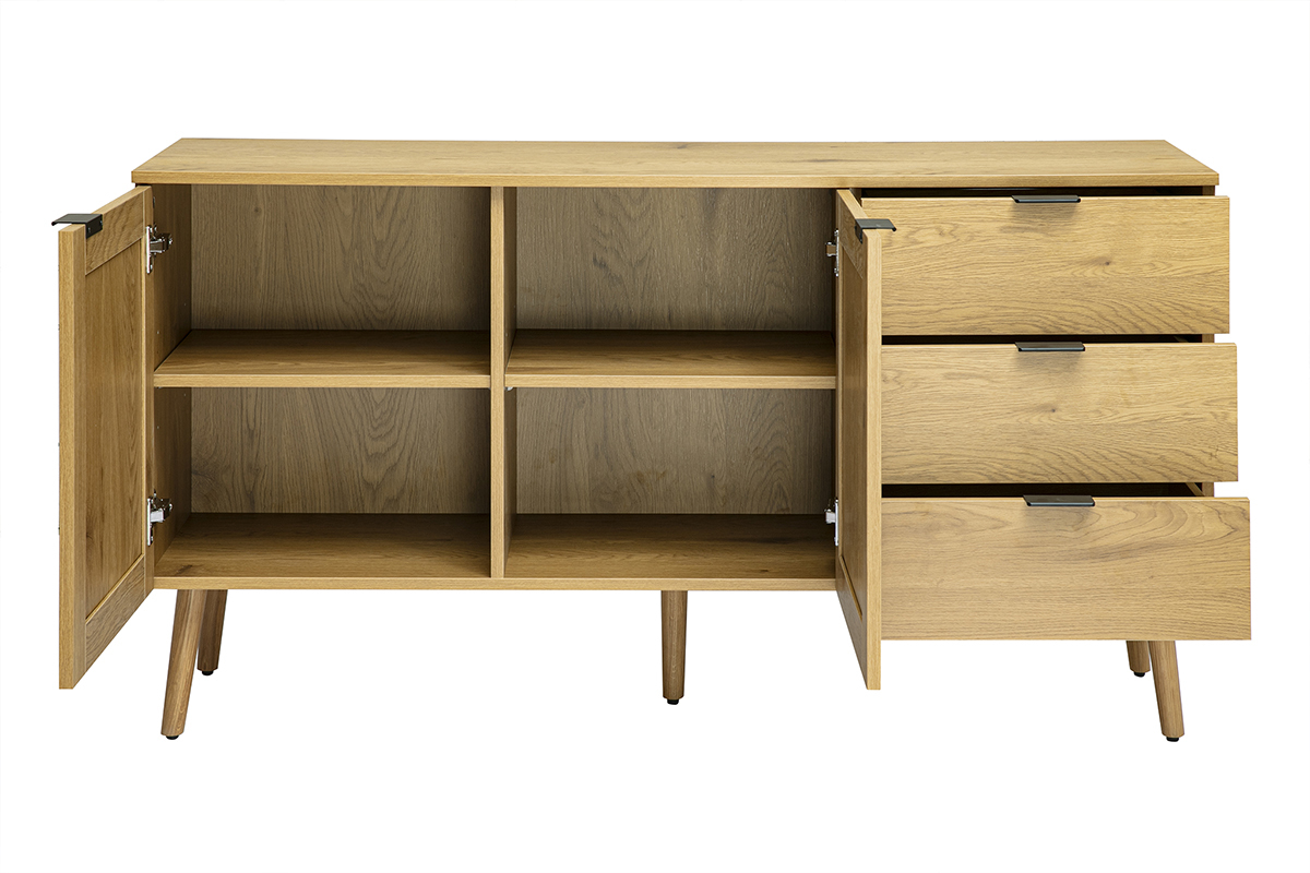 Buffet en bois clair avec cannage en rotin, 2 portes et 3 tiroirs, vue de face, design vintage-chic.