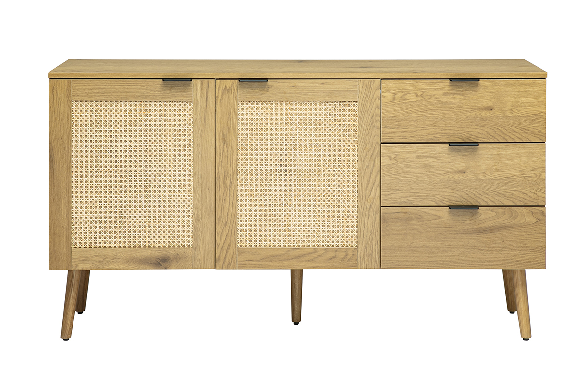Buffet MANILLE en bois clair avec cannage rotin, 2 portes, 3 tiroirs, vue de face.