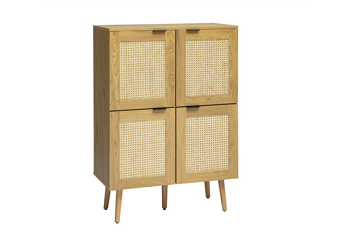 Buffet haut en bois clair avec cannage en rotin, 4 portes, vue de 3/4