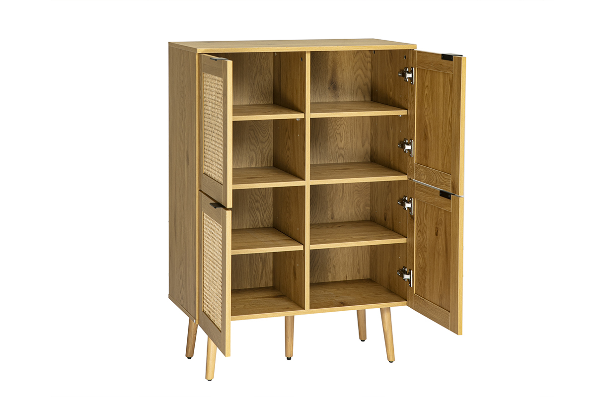 Buffet MANILLE en bois clair avec cannage en rotin, vue de trois-quarts, portes ouvertes, 4 compartiments.