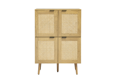 Buffet finition bois clair, cannage en rotin et m&eacute;tal noir 4 portes L80 cm MANILLE