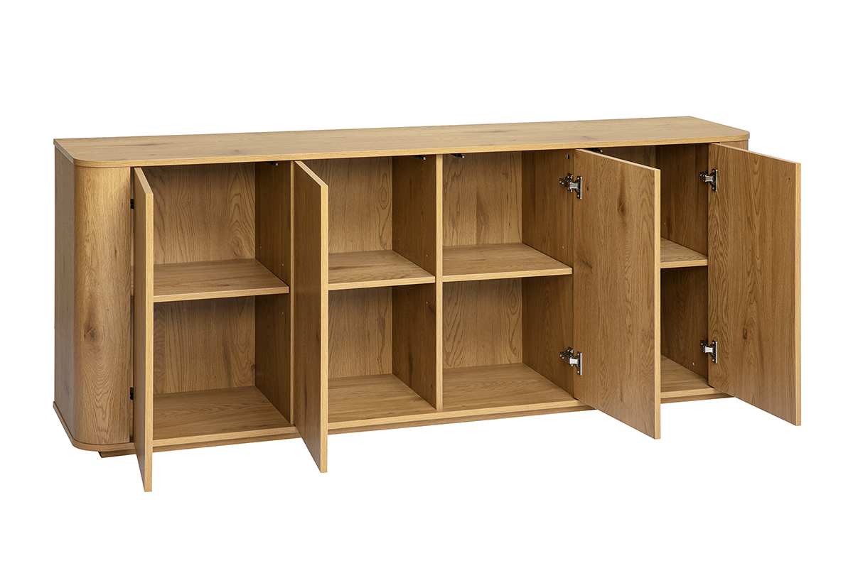 Buffet en bois clair ch�ne avec 4 portes, vue de 3/4, montrant l'int�rieur de rangement.