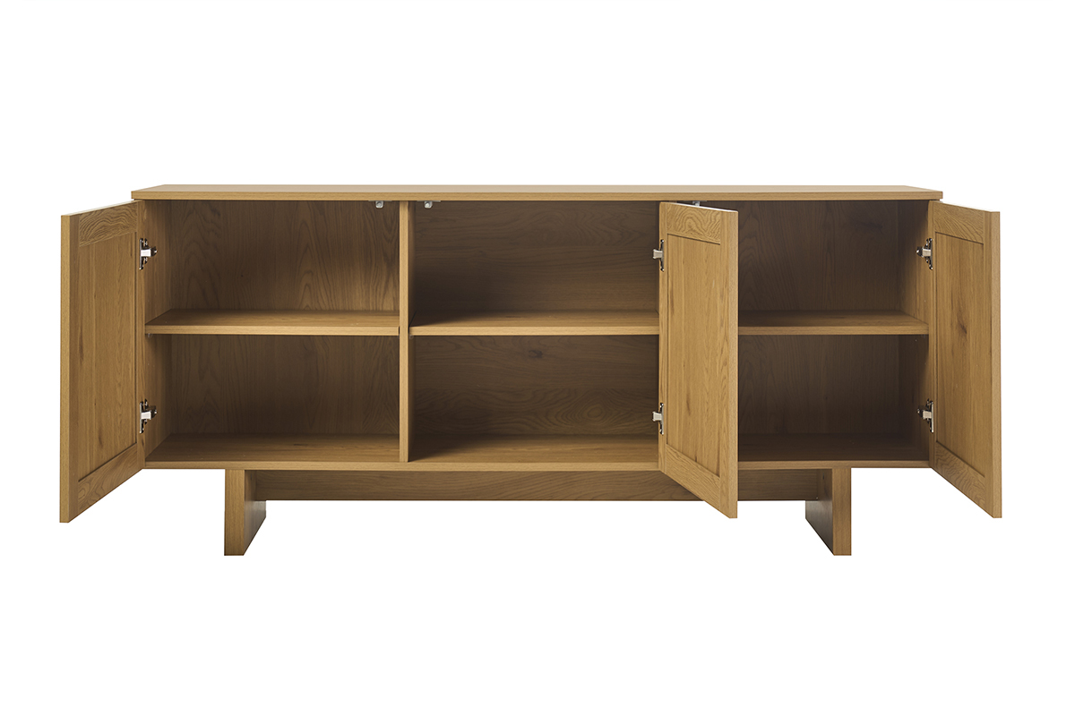 Buffet HERA en bois clair ch�ne avec 3 portes ouvertes, vue de face.