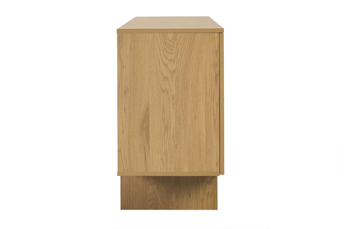 Buffet HERA en bois clair ch�ne et cannage rotin, vue de profil, 3 portes, design moderne.