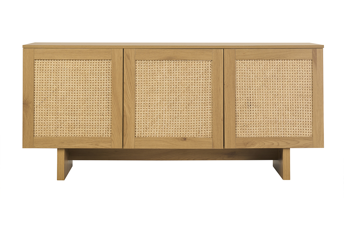 Buffet HERA en bois clair et cannage rotin, 3 portes, vue de face, dimensions L160 cm H72.5 cm
