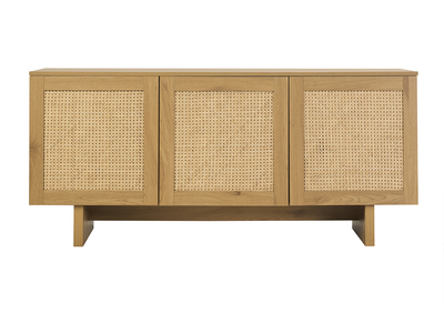 Buffet finition bois clair ch&ecirc;ne et cannage rotin 3 portes L160 cm HERA
