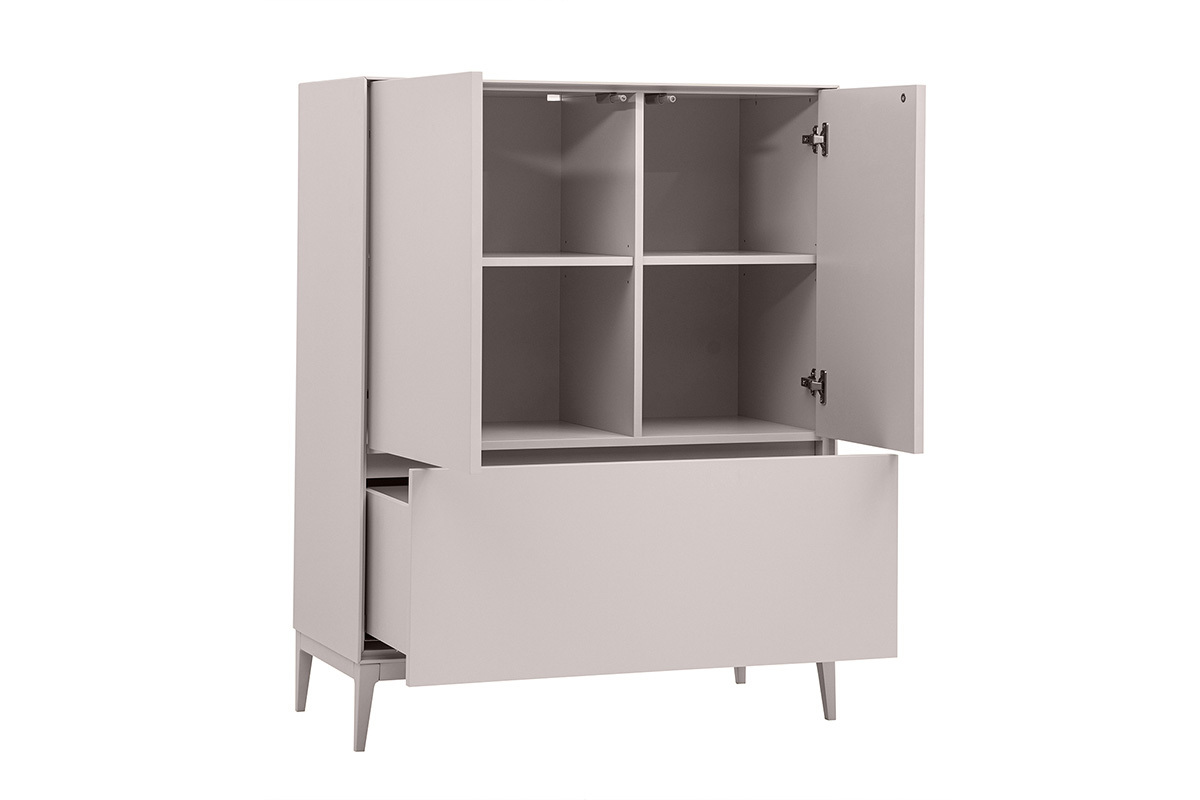 Buffet haut beige laqu� mat avec 2 portes et 1 tiroir ouvert, vue de 3/4