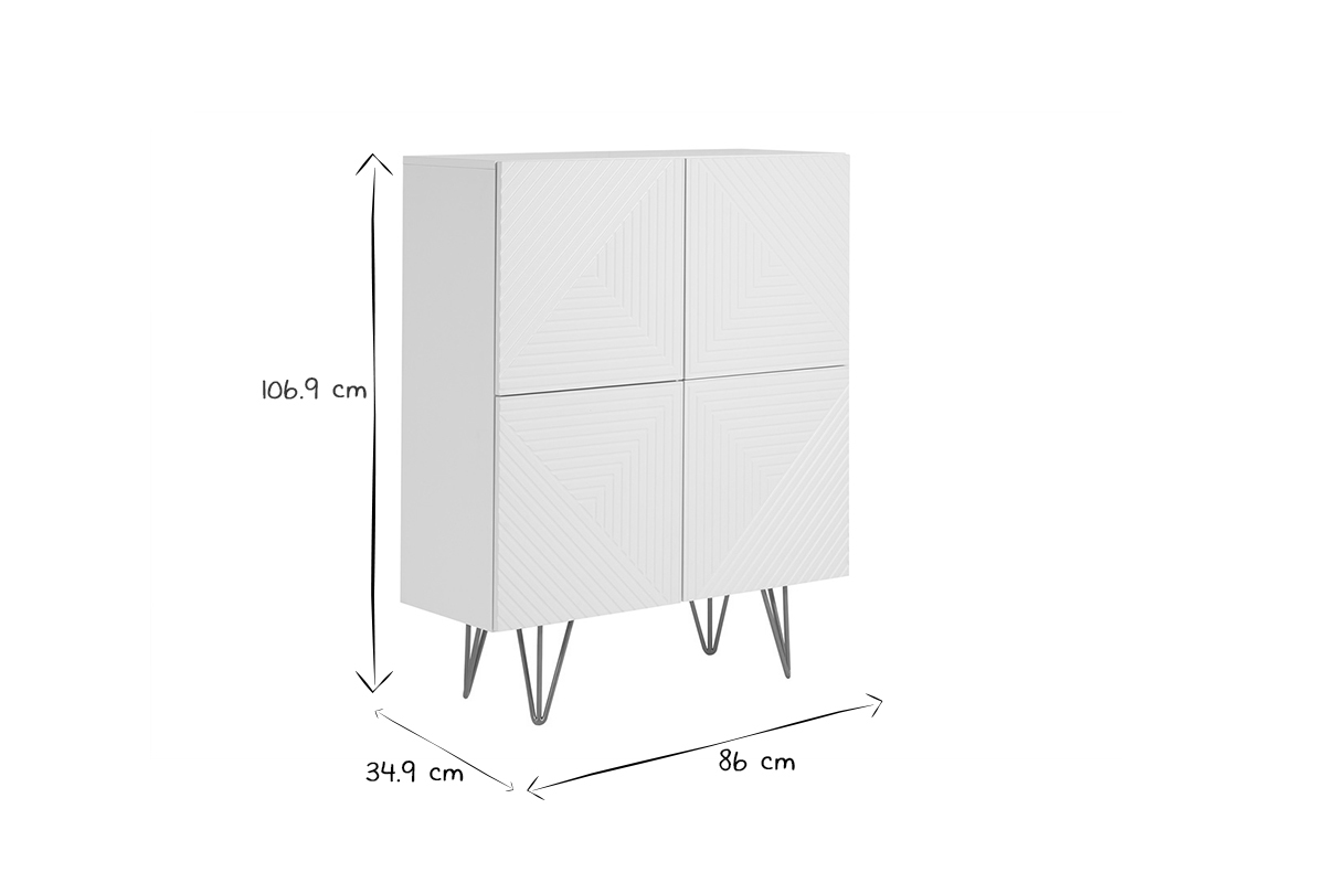 Buffet haut design grav� blanc mat et m�tal dor� 4 portes L86 cm OZEN