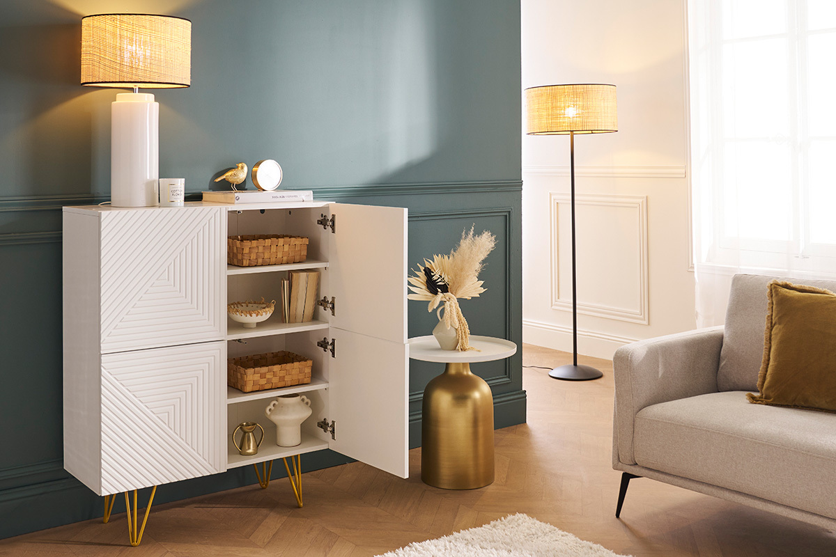 Buffet haut design grav� blanc mat et m�tal dor� 4 portes L86 cm OZEN