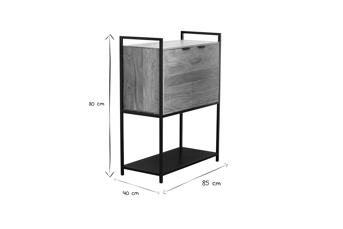 Buffet haut en bois massif et m�tal noir 2 portes L85 cm ARTHUS