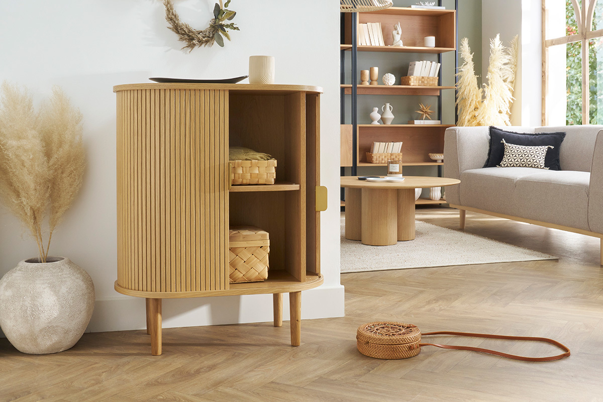 Buffet haut vintage avec portes coulissantes bois clair ch�ne L70 cm EPIC