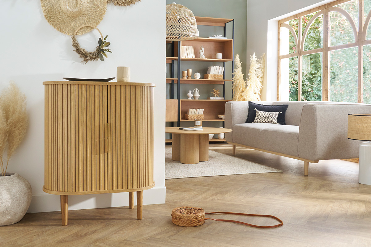 Buffet haut vintage avec portes coulissantes bois clair ch�ne L70 cm EPIC