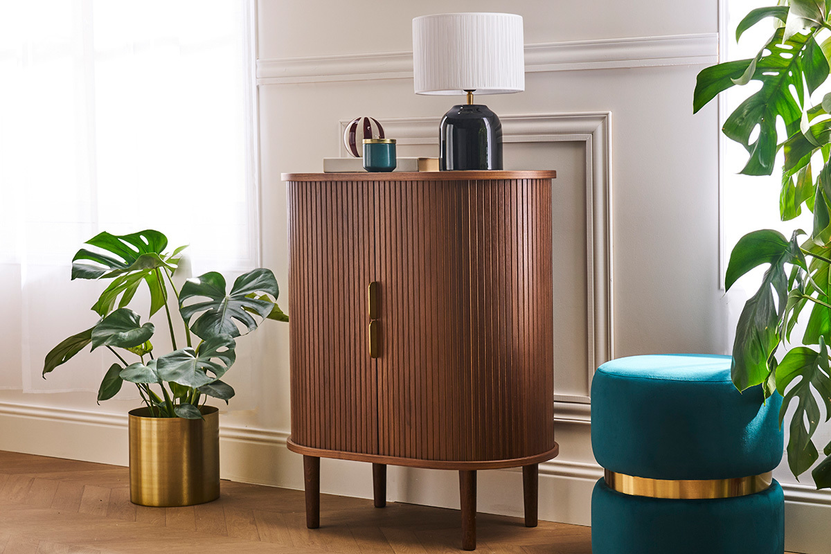 Buffet haut vintage avec portes coulissantes bois fonc� noyer L70 cm EPIC