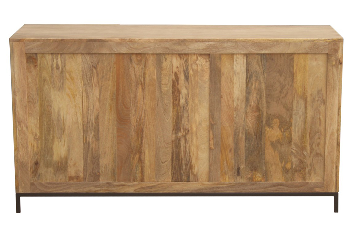 Buffet industriel en bois manguier massif avec pieds en m�tal noir, vue de face.