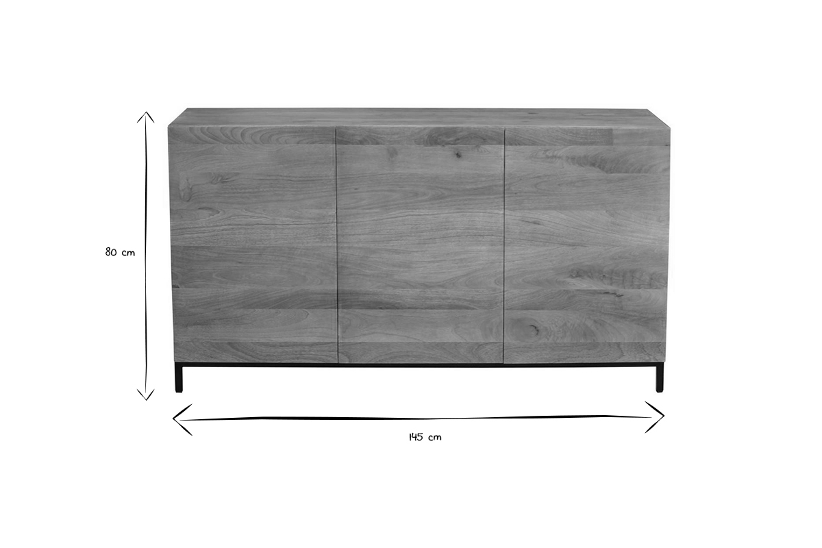 Buffet industriel 3 portes, dimensions L145 x H80 cm, noir et blanc.