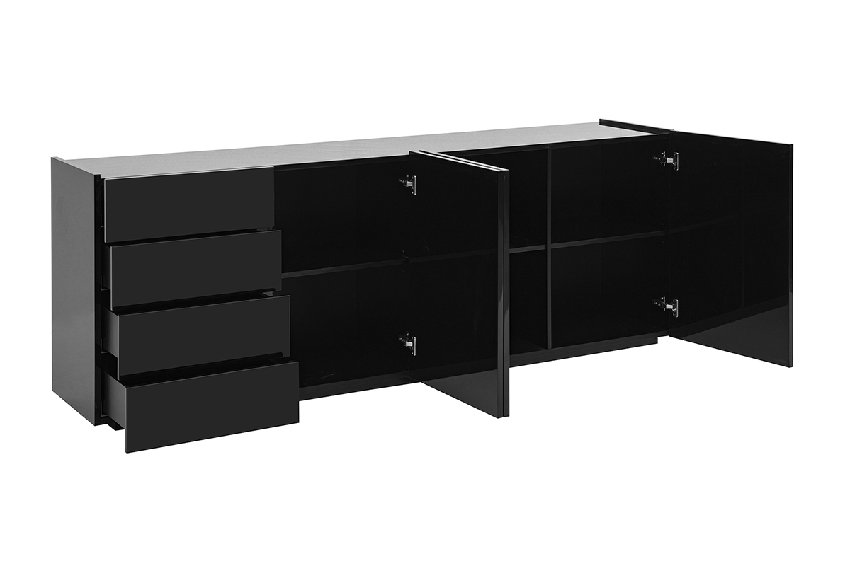 Buffet noir brillant 3 portes 4 tiroirs, ouvert, vue de 3/4.