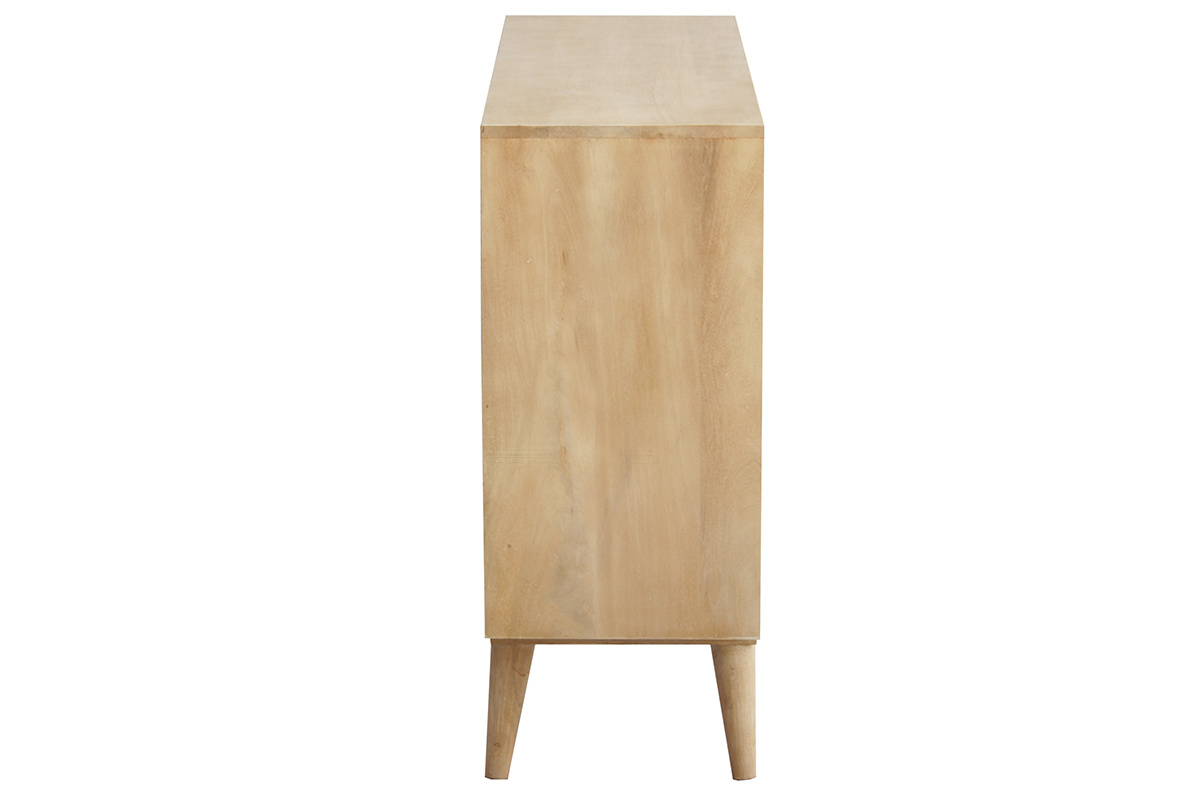 Buffet ouvert en bois manguier massif, vue de profil, sur pieds compas r�tro.