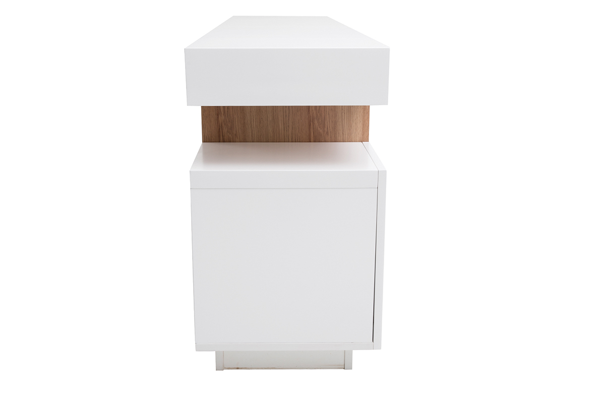 Buffet scandinave blanc laqu� brillant avec d�tail bois, vue de profil.