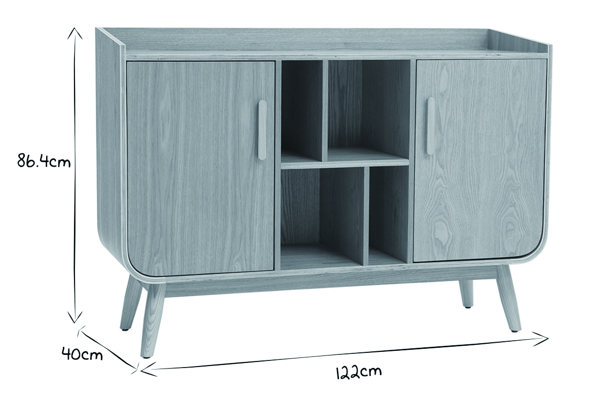 Buffet scandinave en bois clair avec dimensions en noir et blanc L122xP40xH86.4 cm.