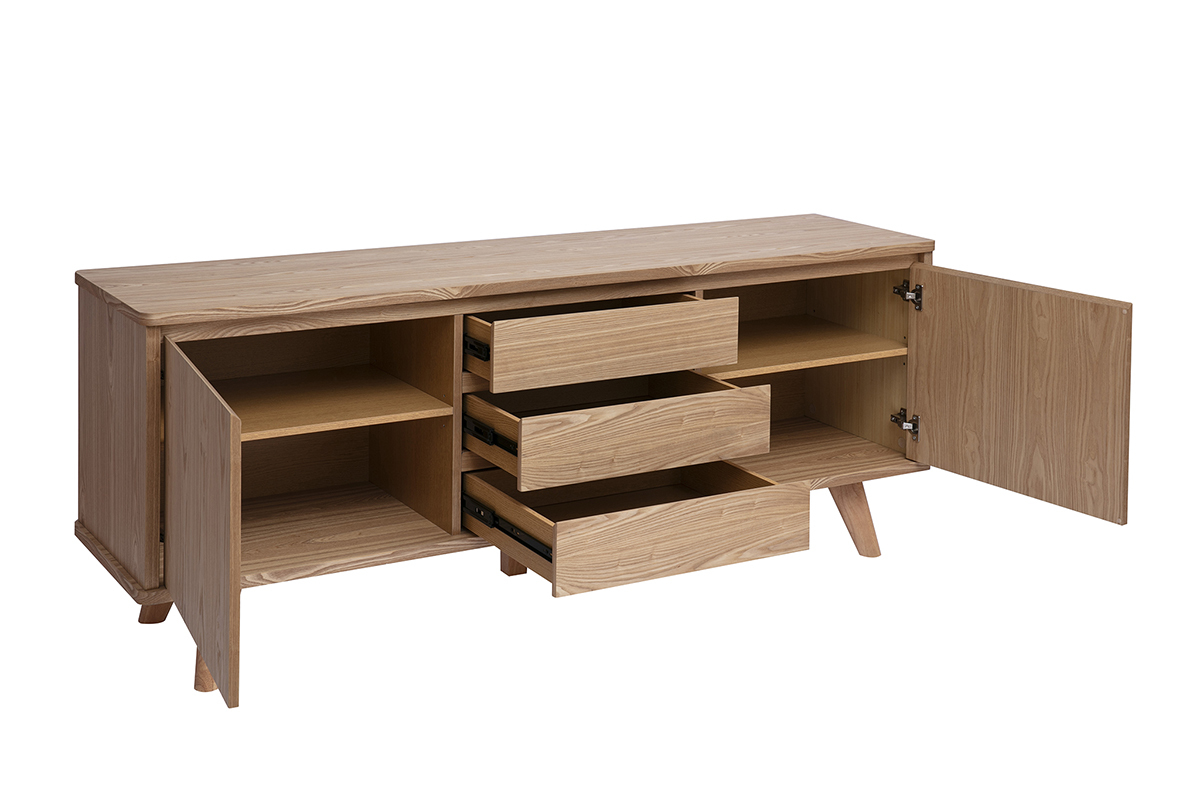 Buffet scandinave en bois clair fr�ne avec 2 portes et 3 tiroirs, vue de 3/4.