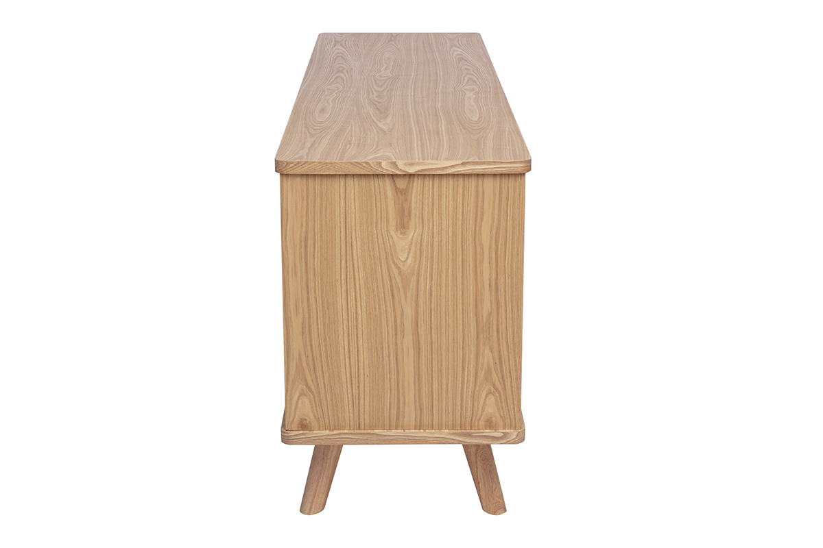 Buffet scandinave en bois clair fr�ne, vue de profil, 2 portes et 3 tiroirs.