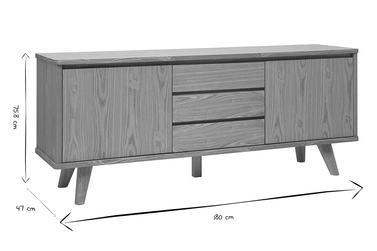 Dimensions du buffet scandinave en bois clair FIFTIES : L180 cm, P47 cm, H75,8 cm en noir et blanc.