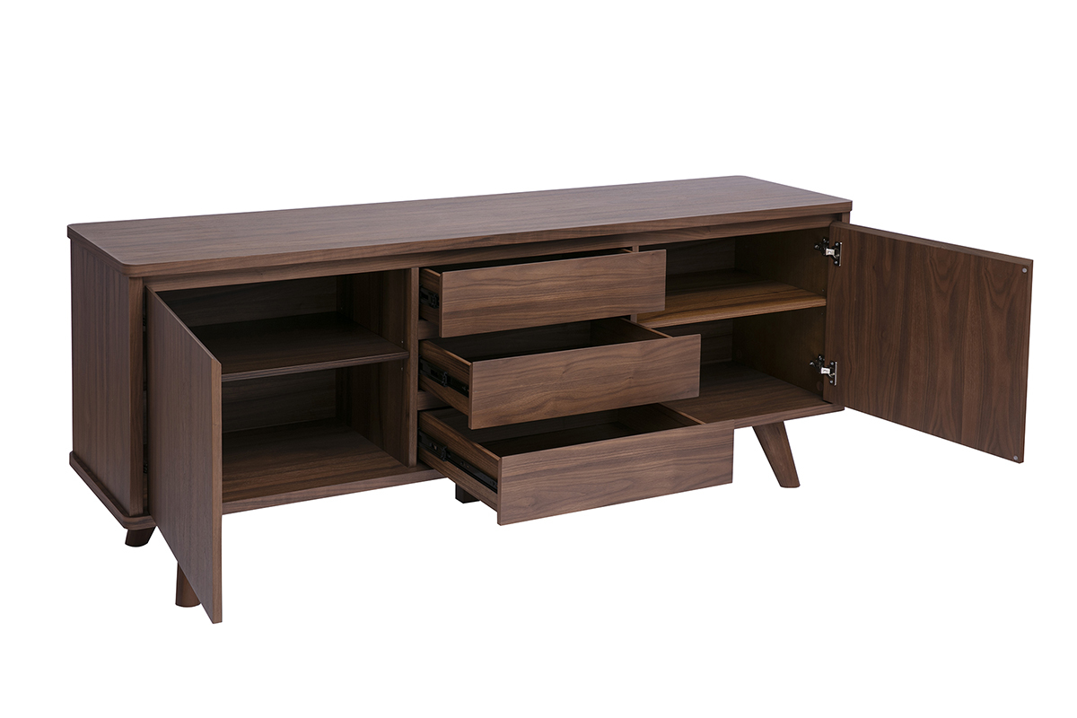 Buffet scandinave en bois fonc� noyer avec 2 portes et 3 tiroirs, vue de 3/4, int�rieur visible.