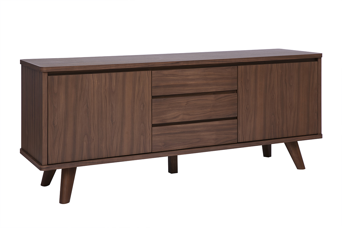 Buffet scandinave en bois fonc� noyer avec 2 portes et 3 tiroirs, vue de 3/4.