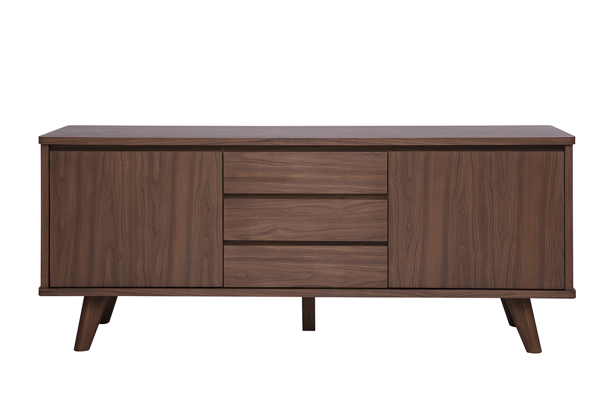 Buffet scandinave en bois fonc� noyer, deux portes et trois tiroirs, vue de face.