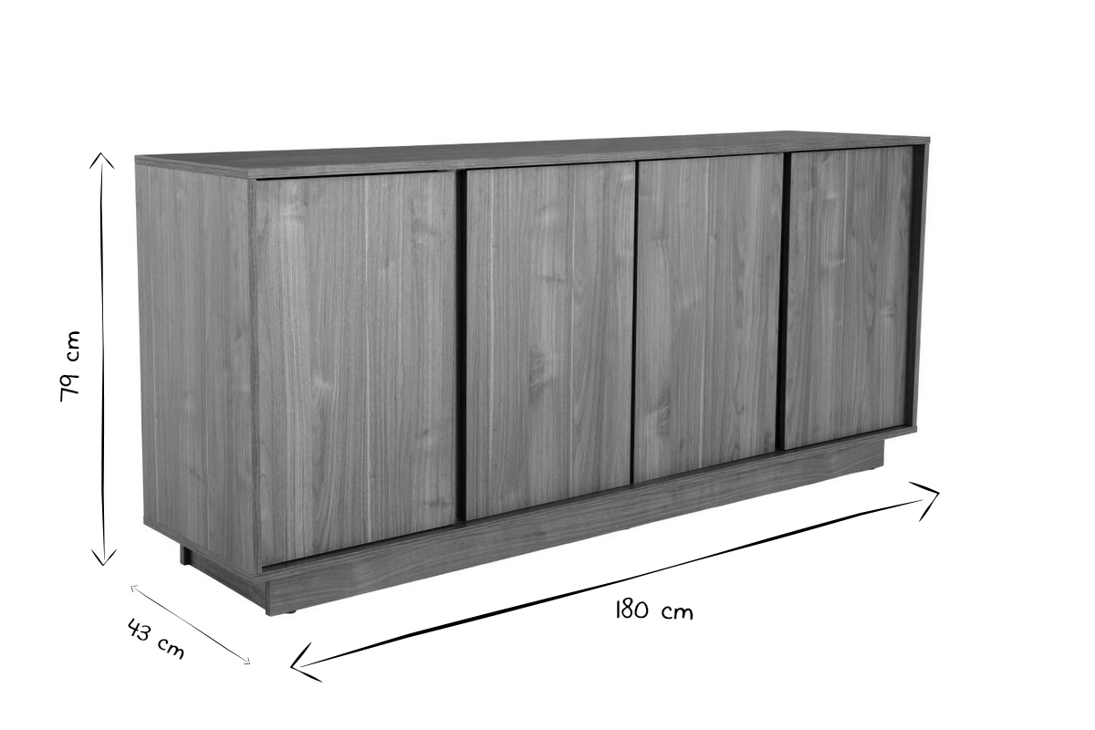 Buffet scandinave finition bois ch�ne 4 portes, dimensions L180 x P43 x H79 cm.