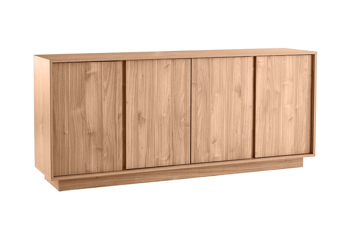 Buffet scandinave compos� de panneaux en bois ch�ne, 4 portes, L180 cm, finition bois clair.