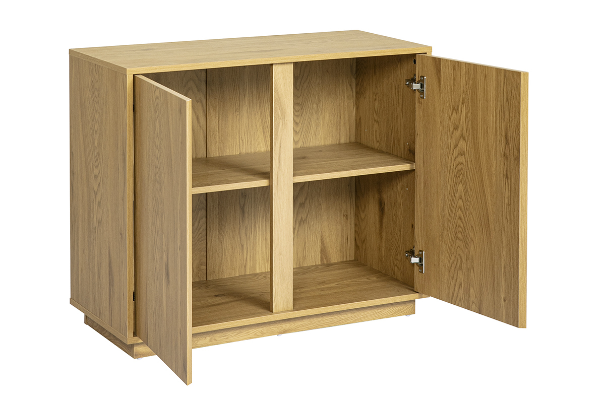 Buffet scandinave en bois clair ch�ne � deux portes, int�rieur avec quatre compartiments, vue de 3/4