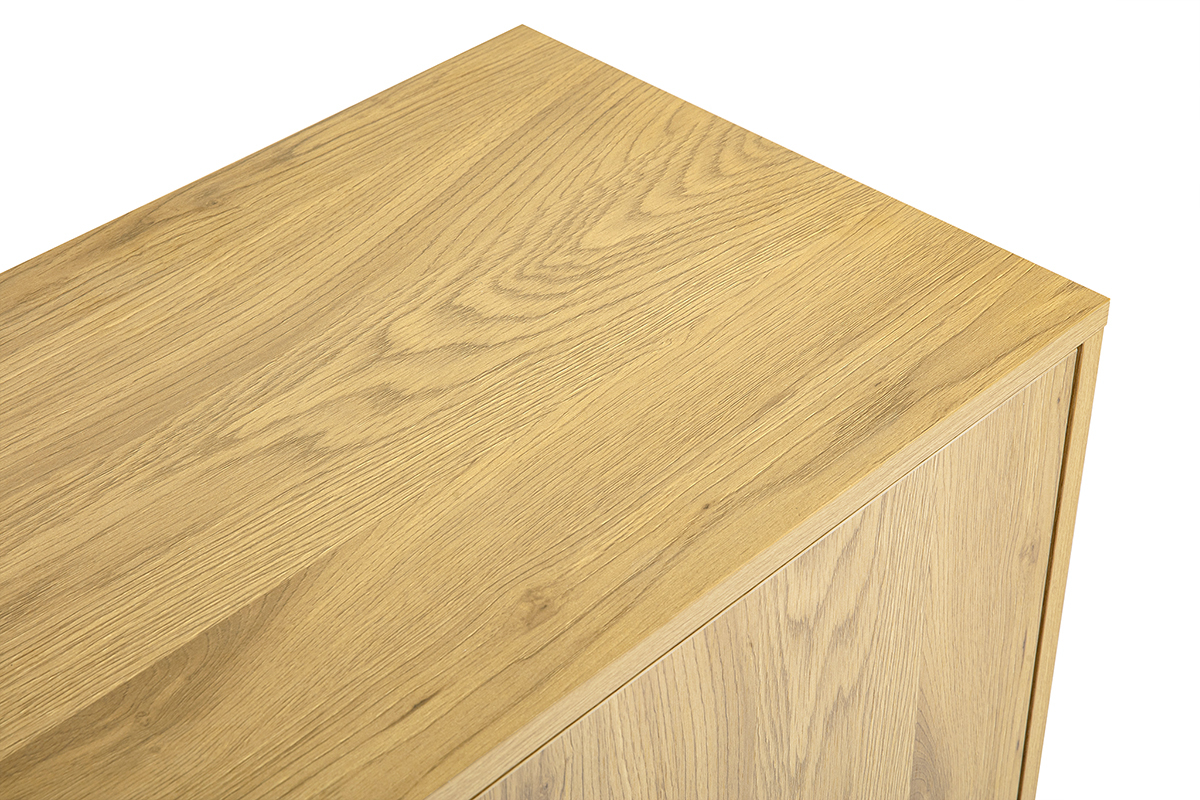 Vue du dessus du buffet scandinave en ch�ne clair, montrant la texture du bois.