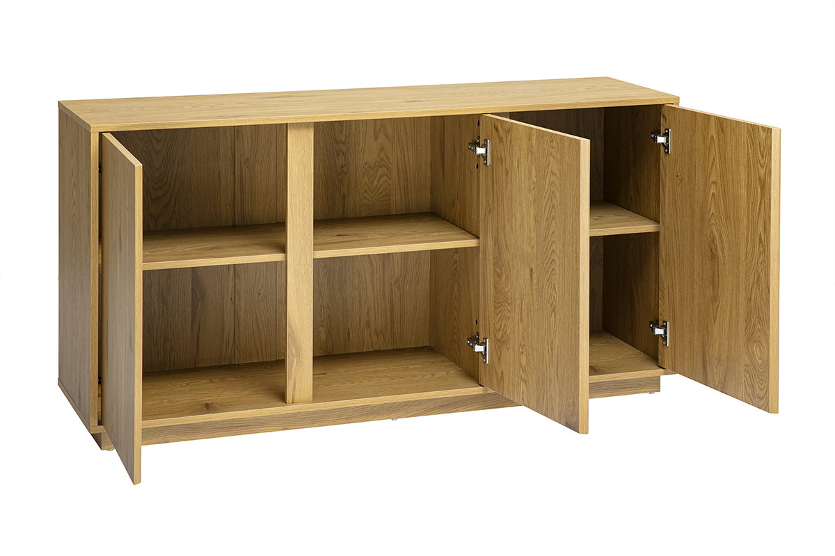 Buffet scandinave en bois clair ch�ne, int�rieur ouvert avec six compartiments, vue de 3/4