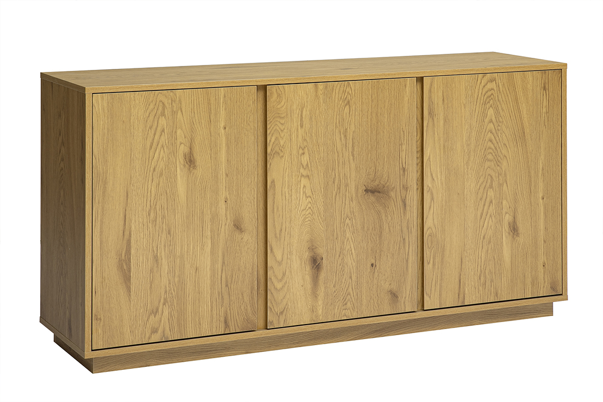 Buffet scandinave en bois clair ch�ne � trois portes, vue de 3/4, dimensions L140 cm.