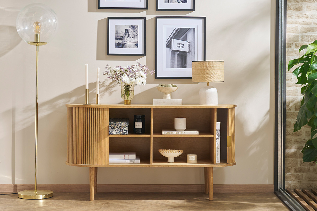 Buffet vintage en bois clair ch�ne 2 portes coulissantes L138 cm EPIC