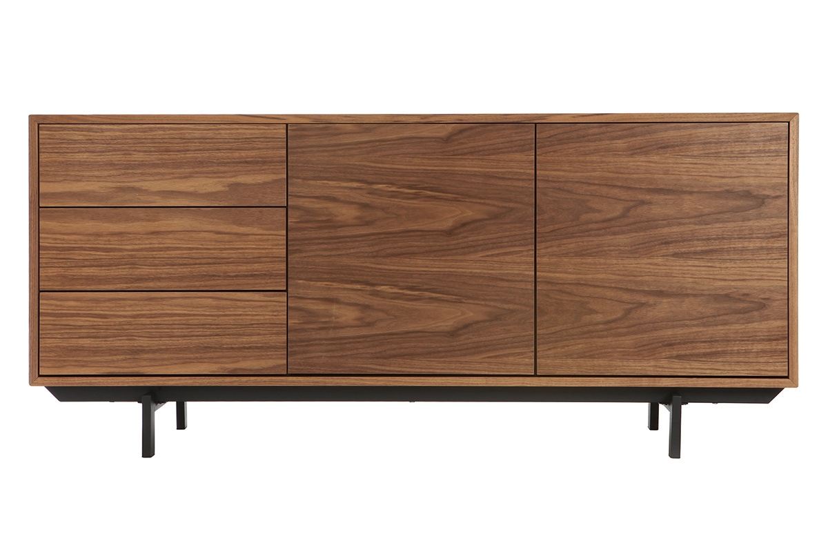 Buffet vintage en bois fonc� avec 2 portes et 3 tiroirs sur pieds m�talliques, vue de face.