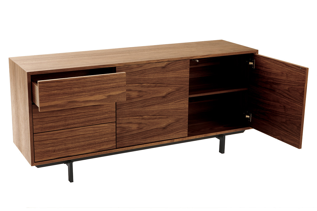 Buffet vintage en bois fonc� avec porte ouverte et tiroir tir�, vue de 3/4.