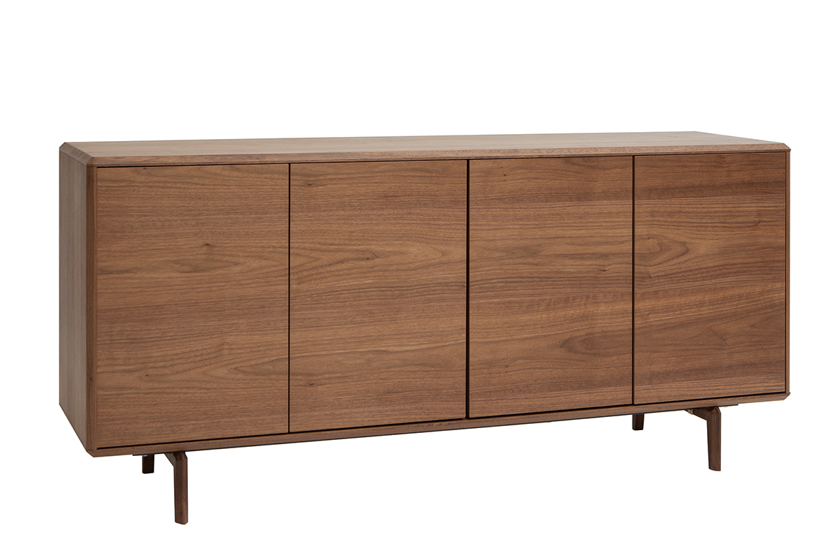 Buffet vintage en bois fonc� noyer, 4 portes, vue de 3/4.