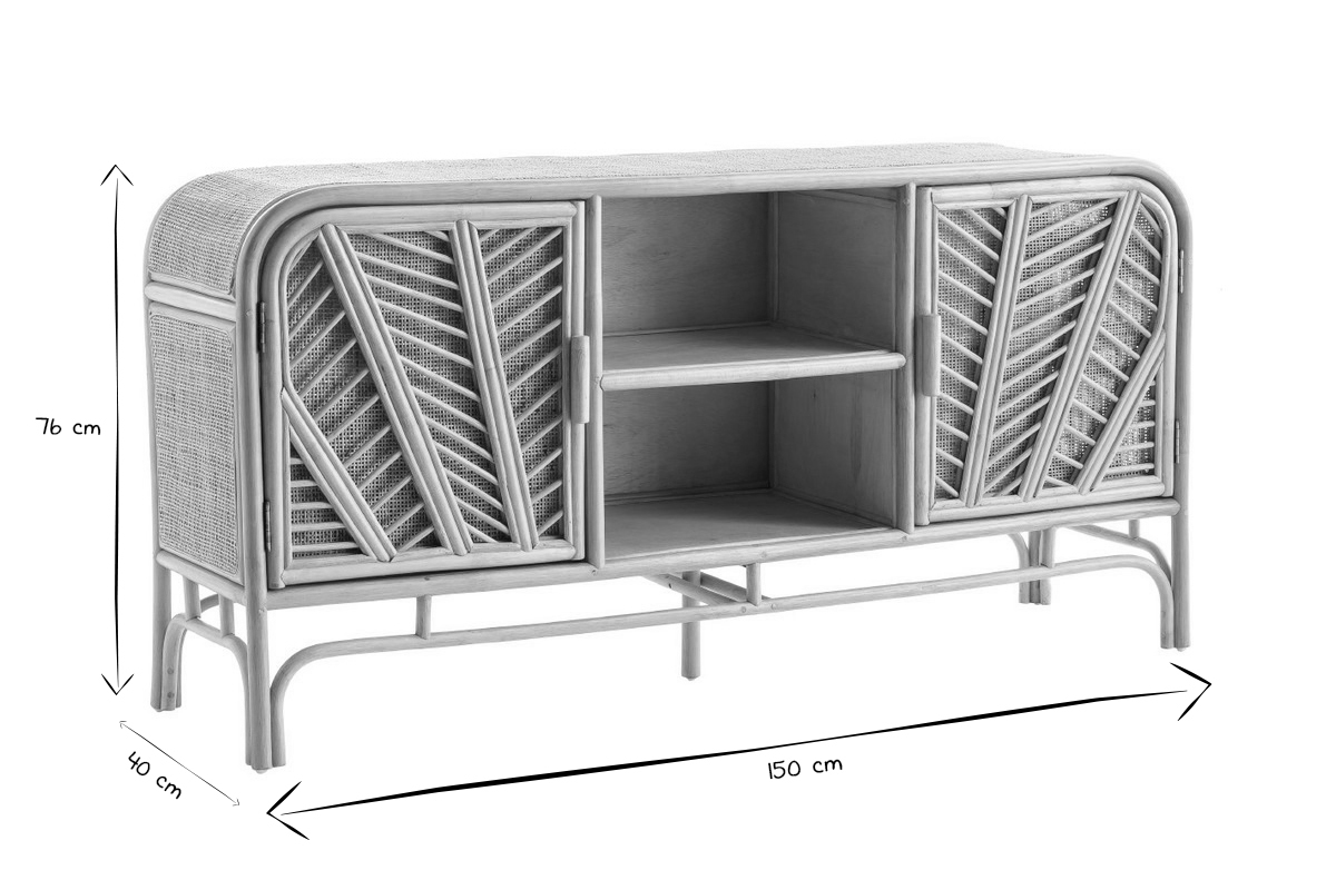 Buffet vintage en rotin 2 portes avec dimensions en noir et blanc.