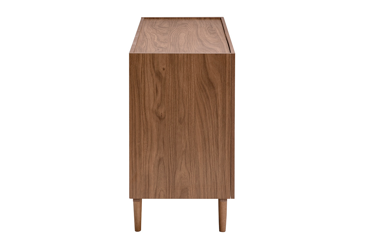 Buffet vintage en bois fonc� noyer, vue de profil, avec pieds cylindriques en h�v�a.