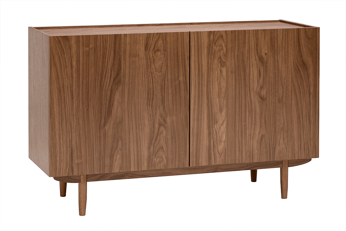 Buffet vintage en bois fonc� noyer, 2 portes, vue de 3/4, pieds cylindriques en h�v�a.