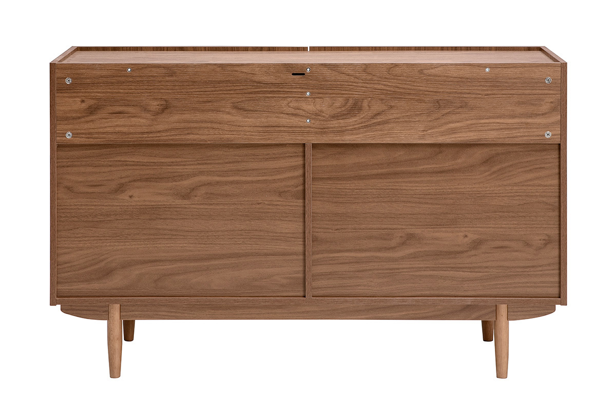 Buffet vintage en bois fonc� noyer, 2 portes, vue de dos, pieds cylindriques fusel�s.
