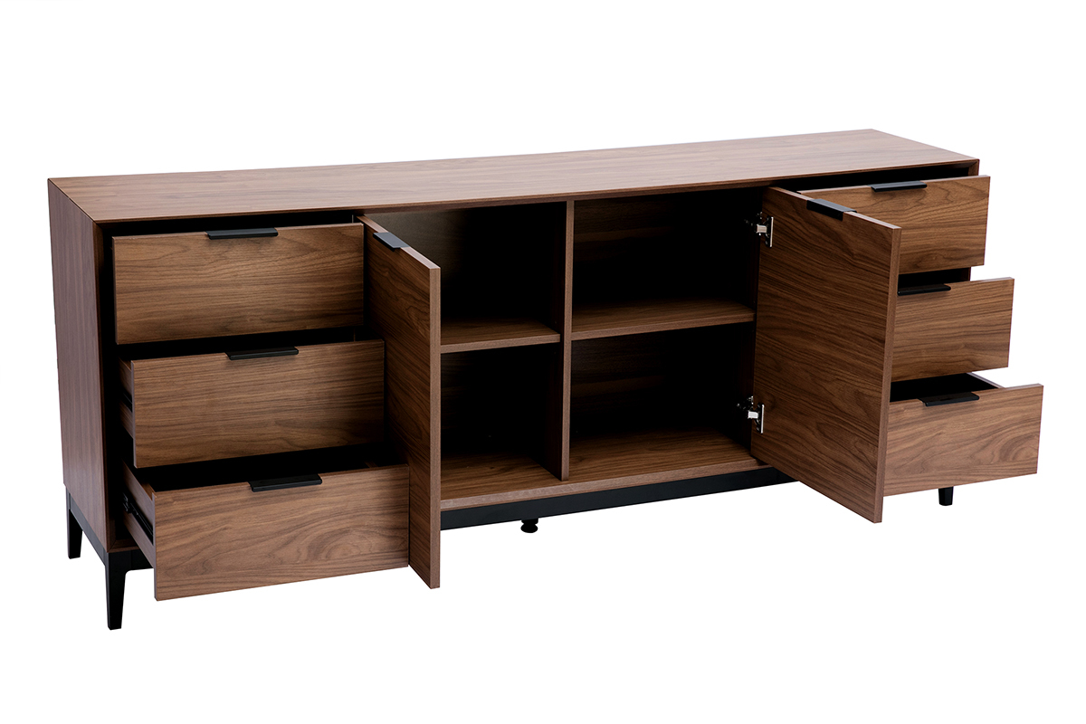 Buffet vintage finition bois fonc� noyer et m�tal noir avec rangements L180 cm SARTO