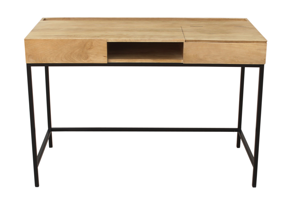 Bureau � rangements industriel bois manguier massif et m�tal noir L118 cm YPSTER