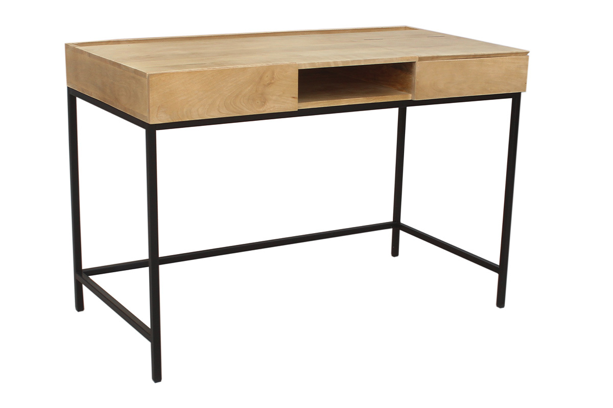 Bureau � rangements industriel bois manguier massif et m�tal noir L118 cm YPSTER