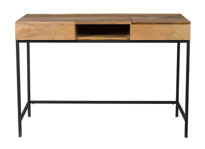 Bureau &agrave; rangements industriel bois manguier massif et m&eacute;tal noir L118 cm YPSTER